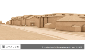 Preliminary 3D models of AvalonBay development. The building at the right is an existing home in the neighborhood. On the left are proposed new townhouses, with a larger apartment building behind.