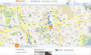 Screengrab of Walkscore for Brown University, showing how the campus is integrated around city streets.