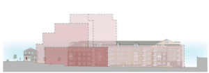 Comparison of hospital structure with proposed residential development. Dotted lines show outline of the much taller existing hospital building.