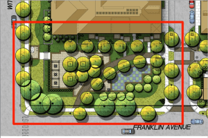 Open park at the corner of Franklin and Witherspoon, with a pedestrian path and play area (checkered area).