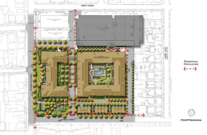 Proposed residential hospital development, with new walking paths labeled with red arrows. (Click to expand.)