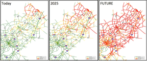 Current and projected traffic in Central Jersey according to 'Route 1 Growth Strategy' report. Princeton is where 206 and 27 meet, just north of Rt 1. Red lines indicate heaviest traffic. (Click to expand.)
