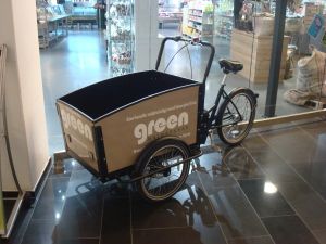 Cargo bike available for customer use in grocery store in Malmo's West Harbor mixed-use development. (Click to expand)