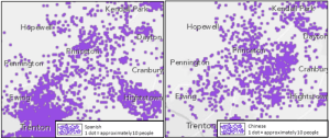 Newly-released data from the US Census Bureau reveals the distribution of speakers of different languages throughout the USA (here showing just the immediate Princeton area) (Click to expand.)