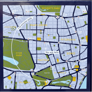 London wayfaring sign shows the local area with a superimposed 15-minute walking guide. (Click to expand)