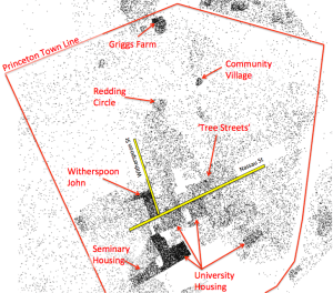 Each dot on this map represents one person from US Census data, hence the dark-shaded areas have the highest housing density. (Click to expand.)