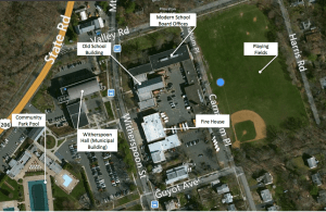 Site Plan of the 369 Witherspoon St / Valley Road School Site, showing the old school building, in-use School Board offices, playing fields, firehouse, and plenty of surrounding surface parking and green space. (Click to expand.)