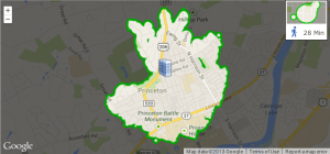 Walking time-distance map from 369 Witherpoon. The light areas are those that can be reached within a 28 minute walk from the site. (Click to expand.)