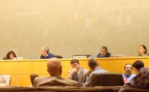 Princeton Zoning Board members Louisa Clayton, Richard Kahn, Penelope Baskerville and Sara Segal, with municipal officials at front, at the meeting on Wednesday night when they rejected the 255 Nassau Plan. (click to expand.)