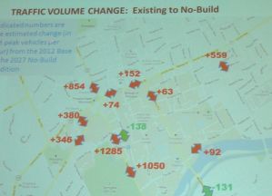 This map shows the additional numbers of cars per hour at key intersections in Princeton, in the year 2027. (click to expand.)