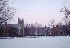 Princeton High School with snow and moon. (click to expand.)