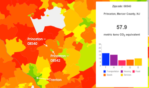 Carbon output map of Princeton and surrounding zipcodes in New Jersey. Red indicates greater carbon output, green indicates lower carbon output. (Click to expand.) Courtesy of  