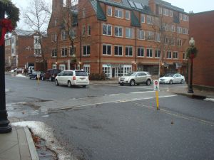 In-street 'Stop For Pedestrians' signs on Chambers Street in downtown Princeton. (click to expand)