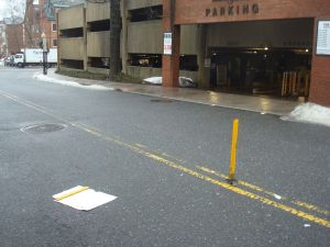 Smashed in-street 'stop for pedestrians' sign on Chambers Street in Princeton. (click to expand)