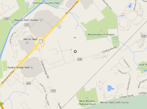 Map of American Cyanamid site, on either side of Clarksville Road in West Windsor. (via Google Maps, click to expand)