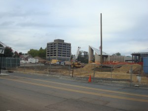 The old and the new: with construction moving along, the distance between the new and old Princeton Dinky train stations can be seen in real life. (click to expand)
