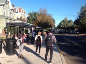 Waiting for the bus on car-free day September 20, 2014. (click to expand.)