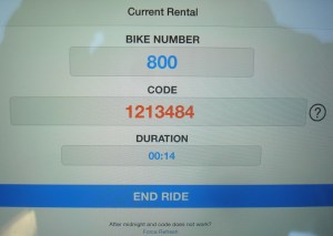 Zagster app showing one-time unique code generated for this rental. (click to expand.)