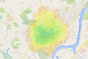 Walkability in Princeton, as scored by walkscore.com. Darker green areas are more walkable. Unshaded areas are car-dependent. (click to expand.)