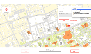 Screenshot from Campus Compass. Users can drag 'shields' onto the map at sites where they go on campus, and add comments. (click to expand.)