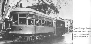 "Trenton-Princeton Traction Company car 21 stands on Witherspoon Street in Princeton near the terminus of the line in September 1934. [Photo from George E. Votava.]"
