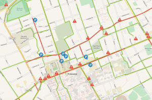 Map of downtown Princeton showing areas identified by local areas as trouble spots for cyclists. (click to expand)
