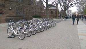 Sustainable: Bikeshare bikes outside Firestone Library on Princeton University campus. (click to expand)