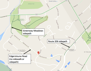 Map of western Princeton showing Edgerstoune Rd, with disconnected paths on either side (click to expand).