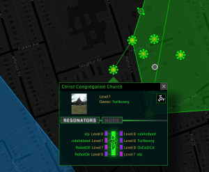 Ingress screenshot showing 'portals' north of downtown Princeton. (click to expand)