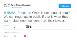 Message from 'Fair Share Housing Center' offering public negotiation of settlement in Princeton affordable housing case. (click to expand)